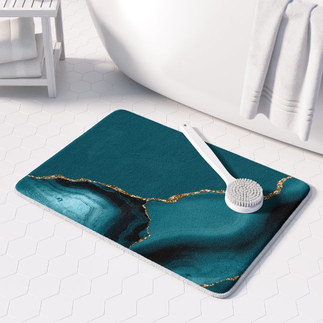 Elegant Teal Blue Agate Gold Glitter Bath Mat (Creator Uploaded)
