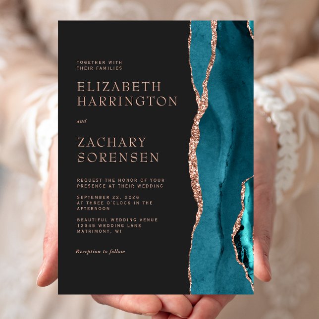 Elegant Teal Blue Agate Rose Gold Wedding Invitation (Creator Uploaded)