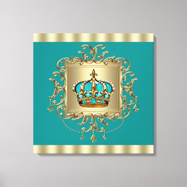 Elegant Teal Blue and Gold Crown Prince Canvas Print (Front)