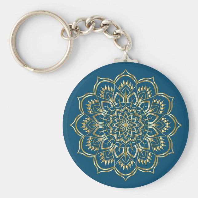 Elegant Teal Blue and Gold Floral Mandala Pattern Key Ring (Front)
