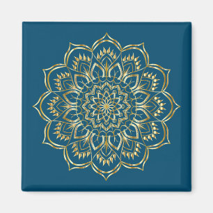 Elegant Teal Blue and Gold Floral Mandala Pattern Magnet