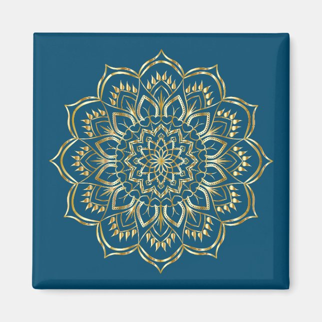 Elegant Teal Blue and Gold Floral Mandala Pattern Magnet (Front)