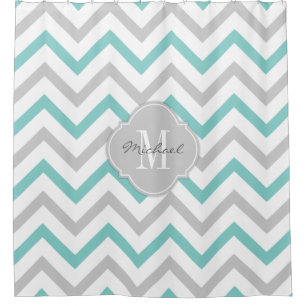 Elegant Teal blue and grey Chevron with Monogram Shower Curtain