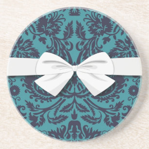 elegant teal blue and midnight damask coaster