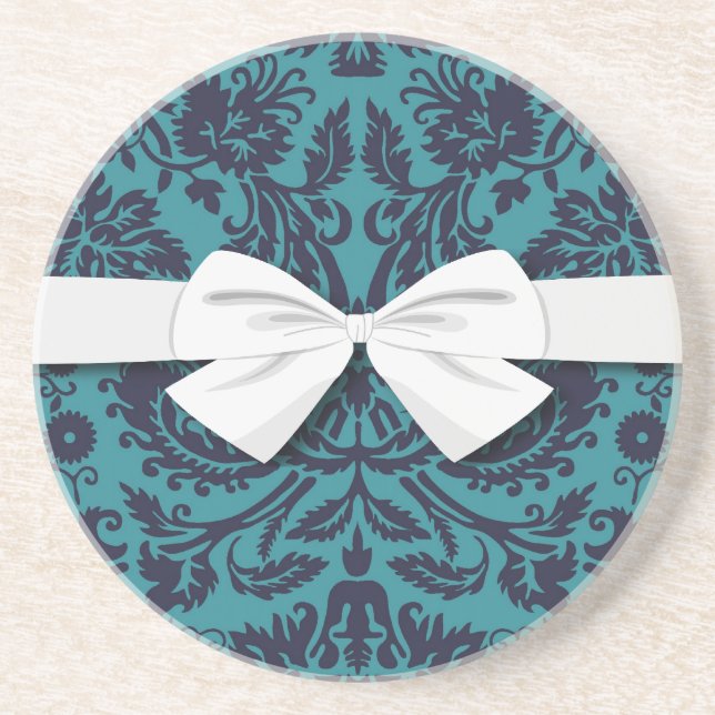 elegant teal blue and midnight damask coaster (Front)