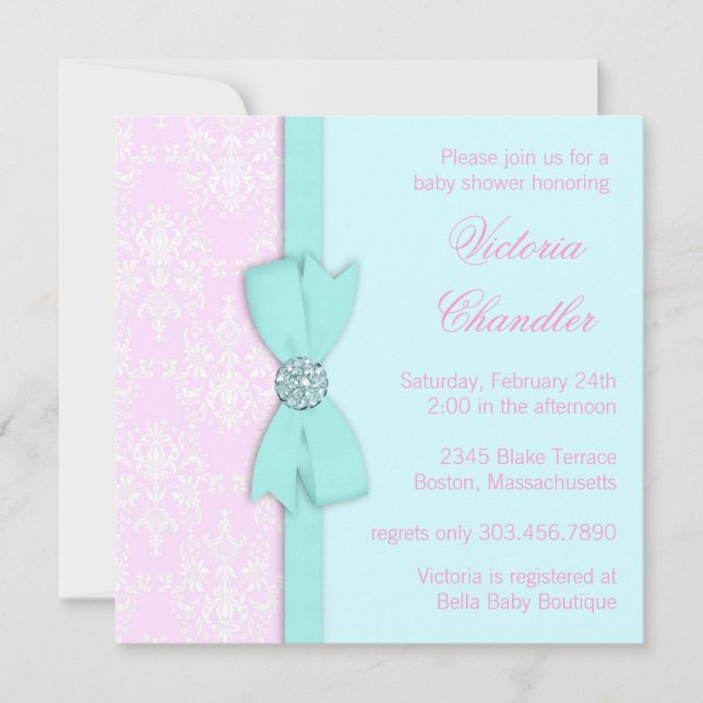 Elegant Teal Blue and Pink Baby Girl Shower Invitation (Front)