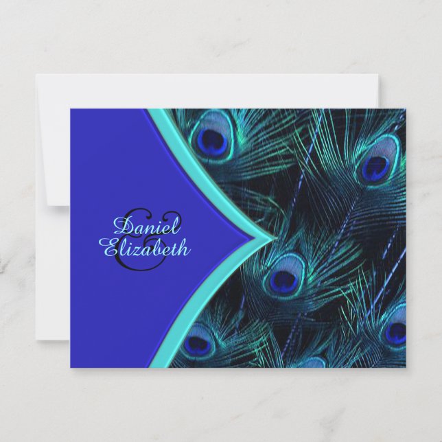 Elegant Teal Blue and Royal Blue Peacock Wedding Invitation (Front)