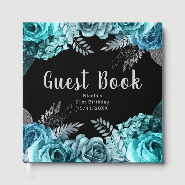 Elegant Teal Blue and Silver Flower Birthday Party Guest Book (Front)