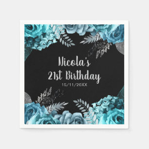 Elegant Teal Blue and Silver Flower Birthday Party Napkin
