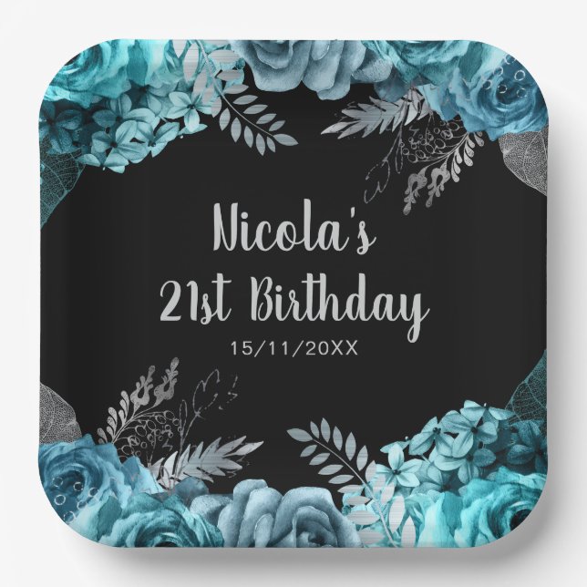 Elegant Teal Blue and Silver Flower Birthday Party Paper Plate (Front)