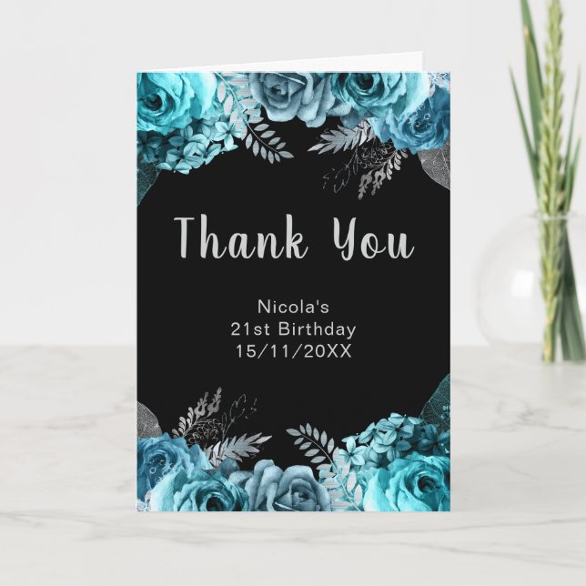 Elegant Teal Blue and Silver Flower Birthday Party Thank You Card (Front)