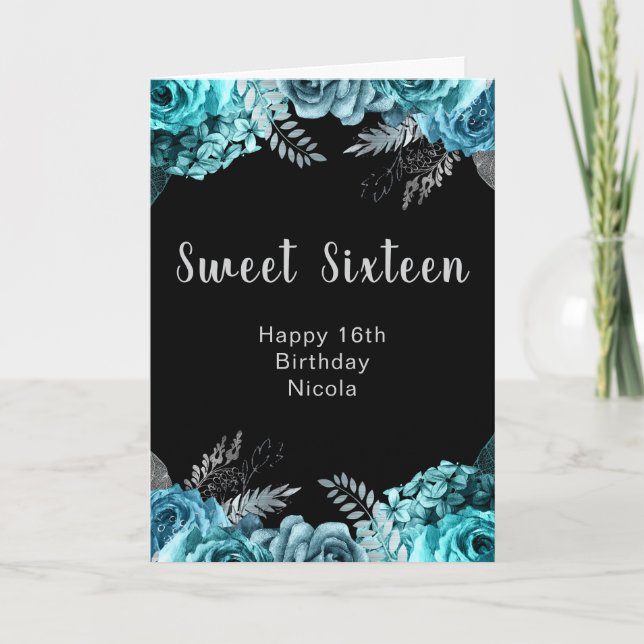 Elegant Teal Blue and Silver Flowers Sweet Sixteen Card (Front)