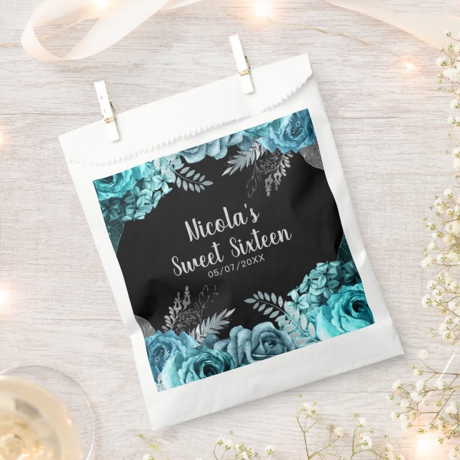 Elegant Teal Blue and Silver Flowers Sweet Sixteen Favour Bags (Clipped)