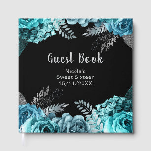 Elegant Teal Blue and Silver Flowers Sweet Sixteen Guest Book