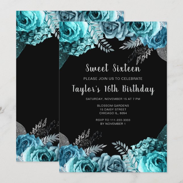 Elegant Teal Blue and Silver Flowers Sweet Sixteen Invitation (Front/Back)