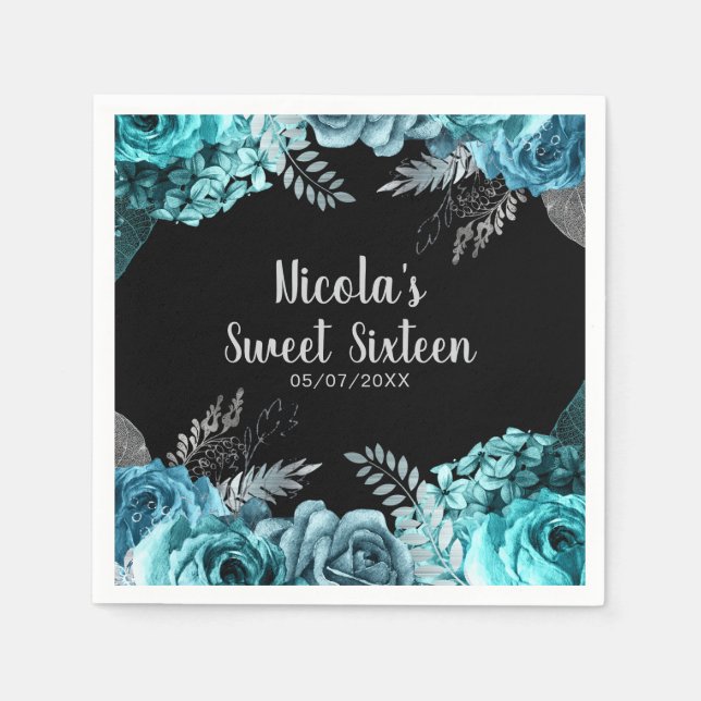 Elegant Teal Blue and Silver Flowers Sweet Sixteen Napkin (Front)