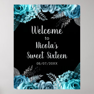 Elegant Teal Blue and Silver Flowers Sweet Sixteen Poster