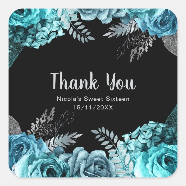 Elegant Teal Blue and Silver Flowers Sweet Sixteen Square Sticker (Front)