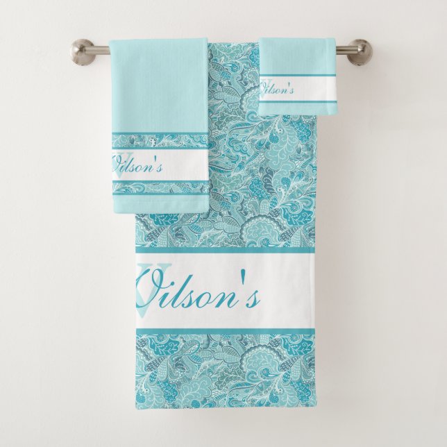Elegant Teal Blue and White Abstract Paisley Print Bath Towel Set (Insitu)