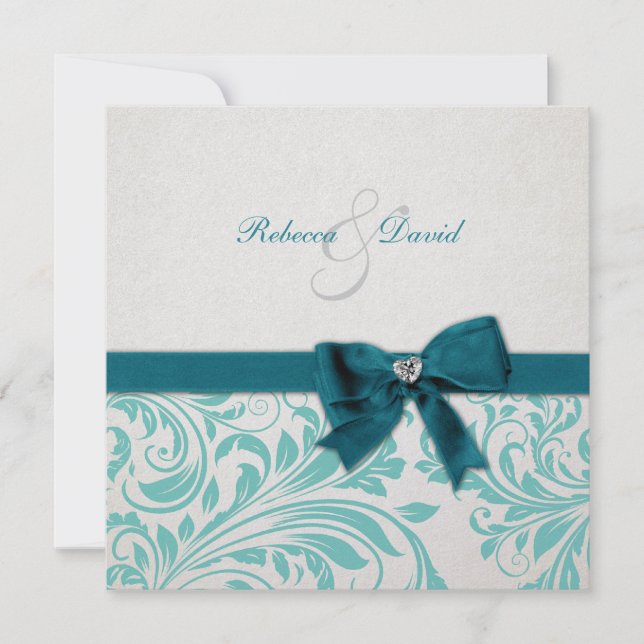 Elegant Teal Blue and White Damask Wedding Invitation (Front)
