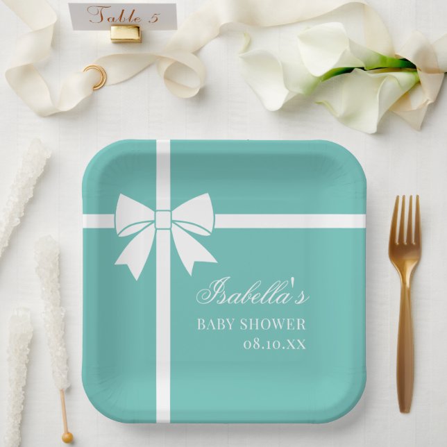 Elegant Teal Blue And White Ribbon Bow Baby Shower Paper Plate (Wedding)
