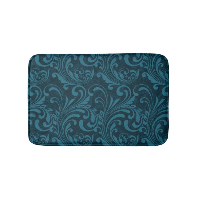 Elegant Teal Blue Baroque Floral Pattern  Bath Mat (Front)