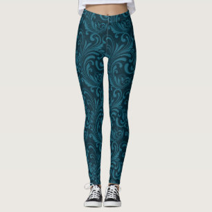 Elegant Teal Blue Baroque Floral Pattern  Leggings