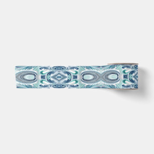 Elegant Teal & Blue Baroque Floral Pattern Satin Ribbon