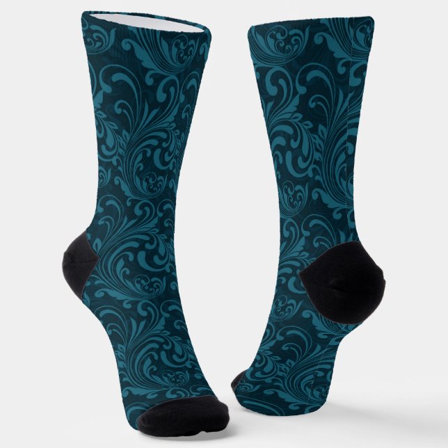 Elegant Teal Blue Baroque Floral Pattern  Socks (Angled)
