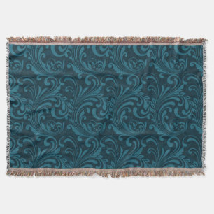 Elegant Teal Blue Baroque Floral Pattern Throw Blanket
