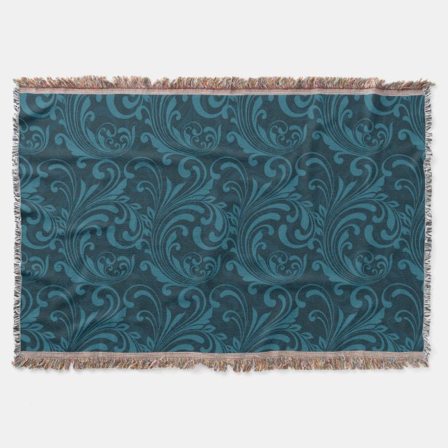 Elegant Teal Blue Baroque Floral Pattern  Throw Blanket (Front)