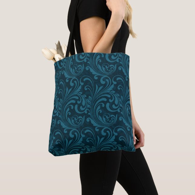 Elegant Teal Blue Baroque Floral Pattern  Tote Bag (Close Up)