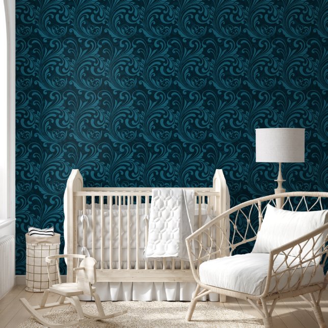 Elegant Teal Blue Baroque Floral Pattern  Wallpaper (Kids)