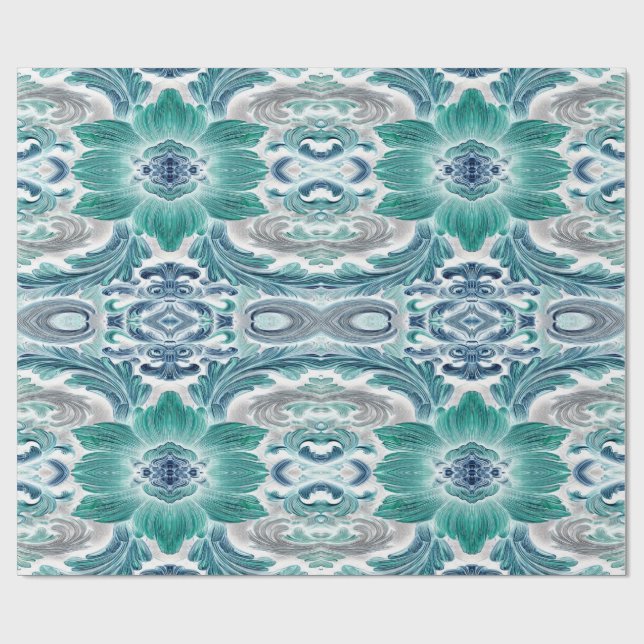 Elegant Teal & Blue Baroque Floral Pattern Wrapping Paper (Flat)