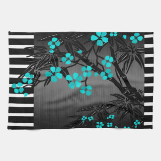 Elegant Teal Blue Blossom Black Asian Bamboo Tea Towel