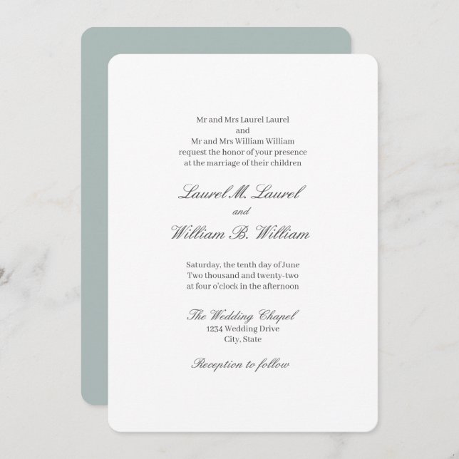 Elegant Teal Blue  Both Parents Wedding Invitation (Front/Back)