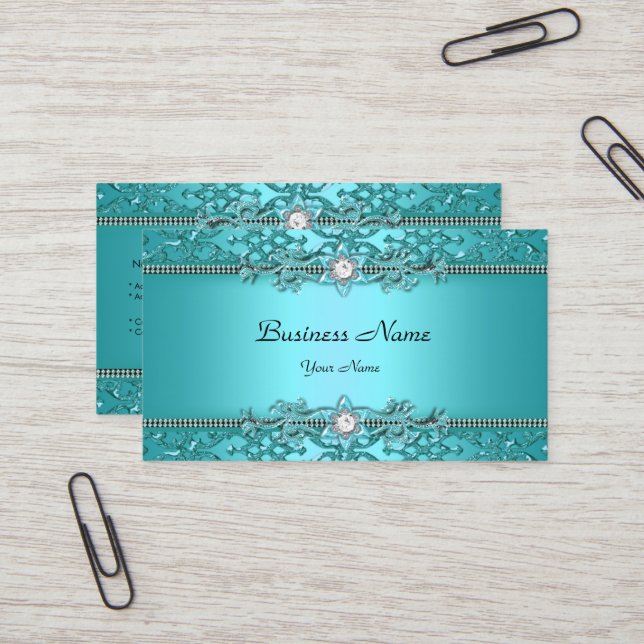 Elegant Teal Blue Damask Embossed Look Business Card (Front/Back In Situ)