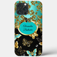 Elegant Teal Blue Damask Floral Butterfly Gold