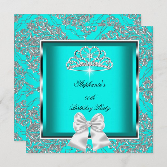 Elegant Teal Blue Damask Silver Birthday Party Invitation (Front/Back)