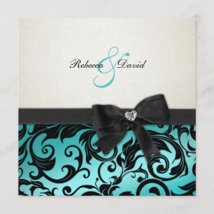 Elegant Teal Blue Damask with diamond bow Invitation