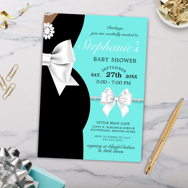 Elegant Teal Blue Ethnic Tiffany Theme Baby Shower Invitation (Latina Hispanic Baby Shower Invitation with Medium Brown Skin Tones for Tiffany Baby Shower Theme)