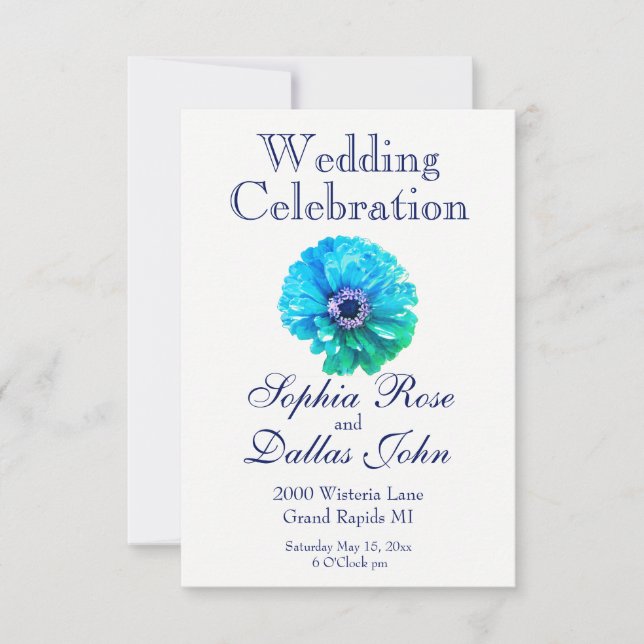 Elegant Teal Blue floral flower Daisy Invitation (Front)