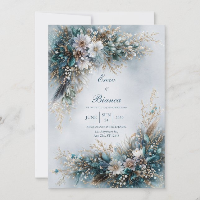 Elegant Teal Blue Floral Gold Feather Wedding Invitation (Front)