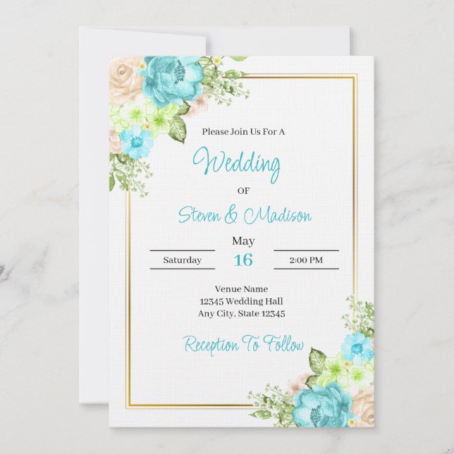 Elegant Teal Blue Floral Wedding Invitation (Front)