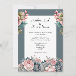 Elegant Teal Blue Floral Wedding  Invitation