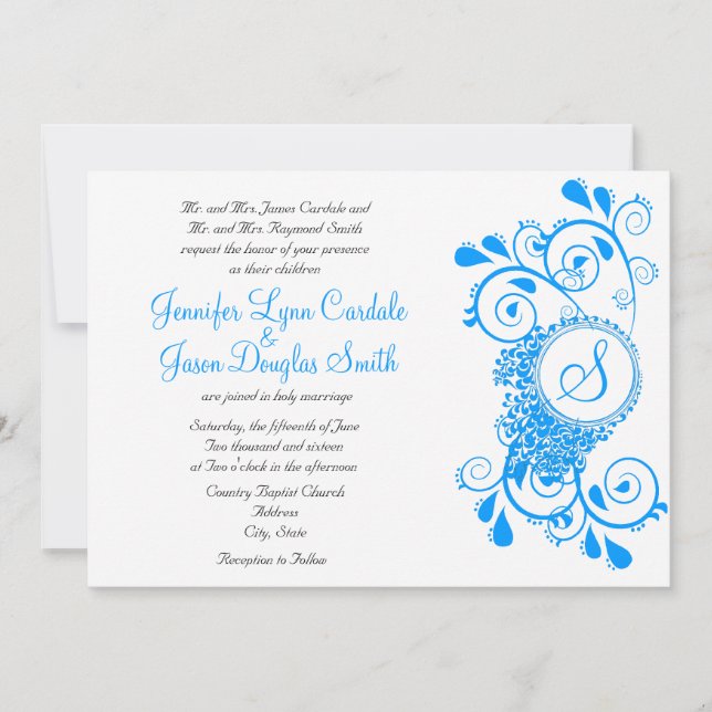 Elegant Teal Blue Flourish Monogram Wedding Invite (Front)