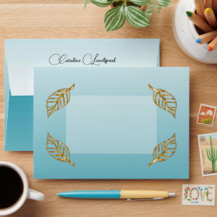 Elegant Teal Blue Glitter with Gold Leaves Envelope