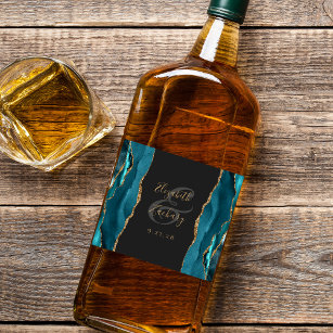 Elegant Teal Blue Gold Agate Dark Wedding Liquor Bottle Label