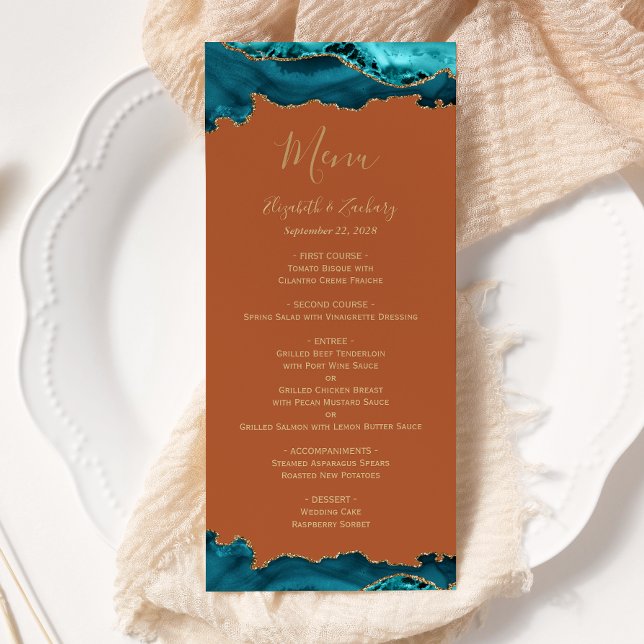 Elegant Teal Blue Gold Agate Rust Wedding Menu (Creator Uploaded)
