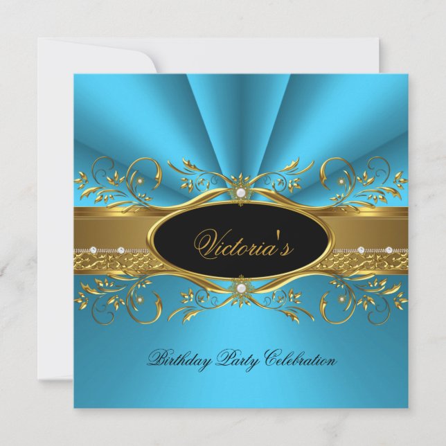 Elegant Teal Blue Gold Black Birthday Party Invitation (Front)